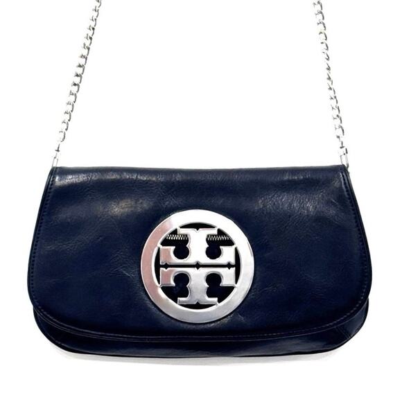 TORY BURCH Reva Black Leather Clutch Convertible Bag Silver Chain Strap - Picture 2 of 14